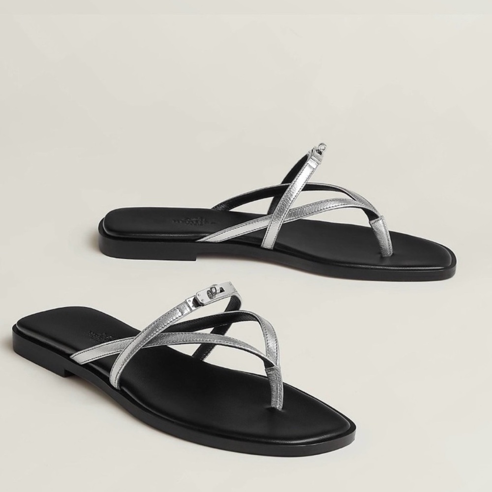 Hermes miss buckle sandal silver Strappy Women's Flat Sandals 9 39